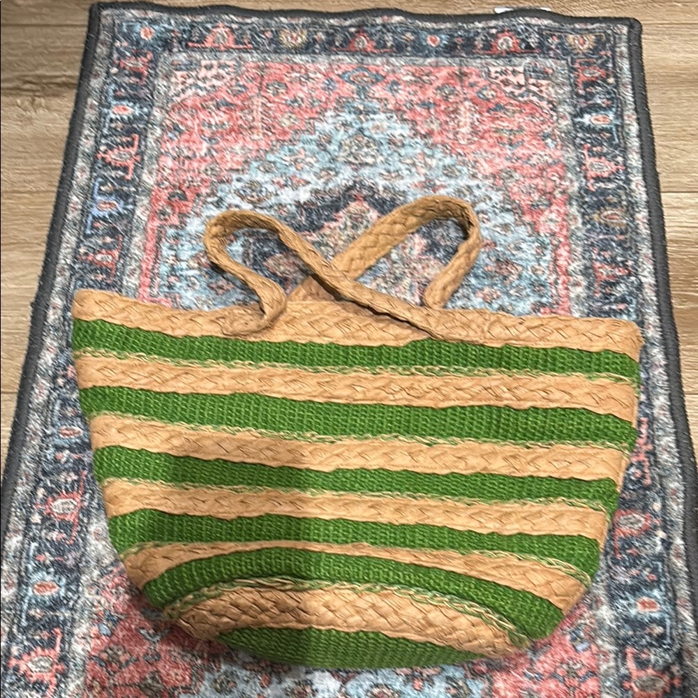 Zara Green and Tan Striped Tote Bag